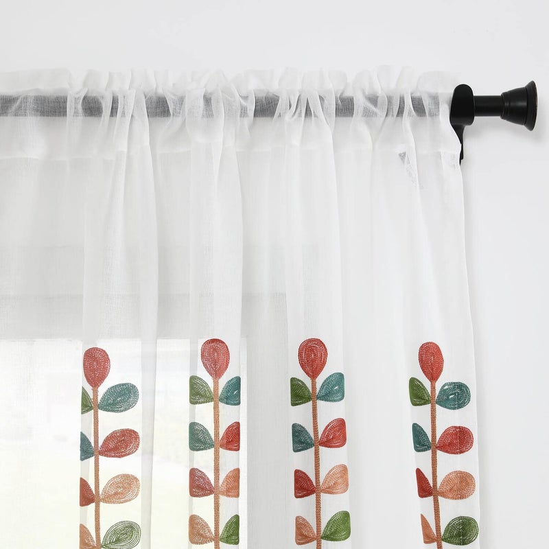 VOGOL Sheer Curtains 84 Inches Long, Colorful Leaves Embroidered White Sheer Window Curtain for Living Room/Dining Room, Rod Pocket, 52 x 84, 2 Panels - Image 4